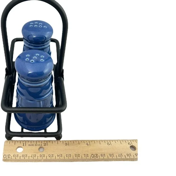 Longaberger Cornflower Blue Salt & Pepper Shaker Set w/ Black Wrought Iron Caddy - Picture 13 of 14